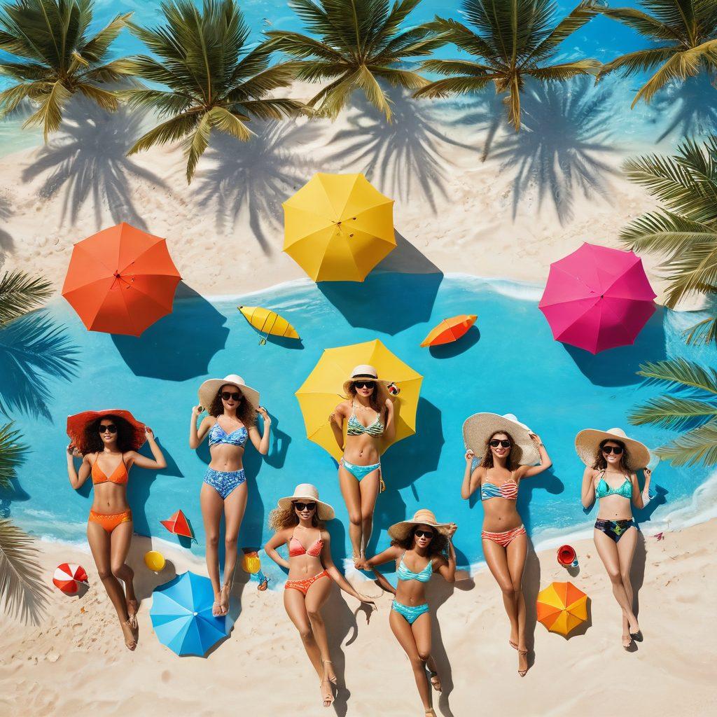 A vibrant summer scene showcasing a diverse group of friends wearing trendy two-piece sets and sizzling swimwear. The background features a sunny beach with palm trees and clear blue water, inviting a sense of warmth and joy. Incorporate a colorful beach umbrella and sunhat accessories to enhance the summer vibe. Add playful beach toys and sunglasses scattered around for a fun atmosphere. bright colors. summer aesthetic. 3D.