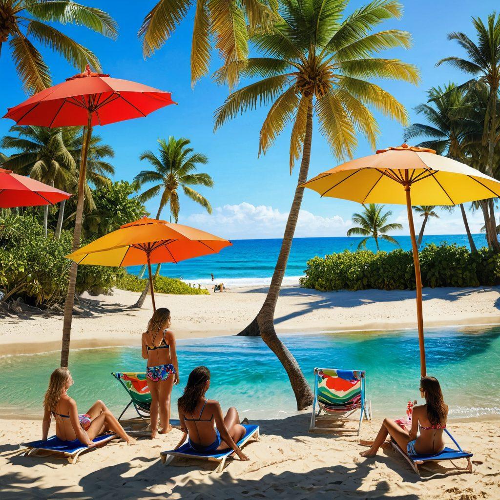 A sunlit beach scene featuring diverse models showcasing the latest bikini trends of 2023, vibrant colors, and playful patterns. Include tropical elements like palm trees and beach umbrellas, with cheerful waves lapping at the shore. Capture the essence of summer joy and fashion vibrancy. bright colors. tropical vibe. super-realistic.